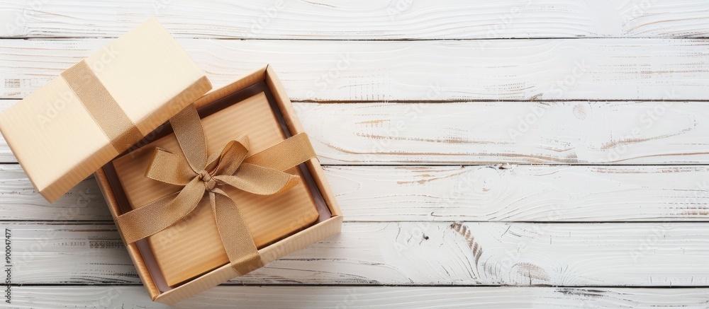 Poster gift box open on a white wooden table with copy space image