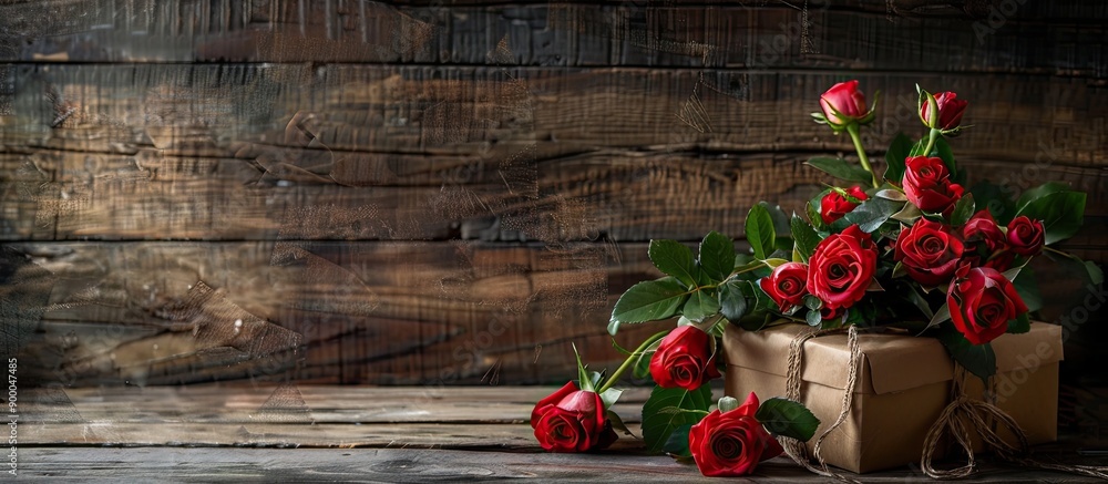 Poster rustic style roses bouquet and gift box displayed on a wooden background in a celebratory interior s