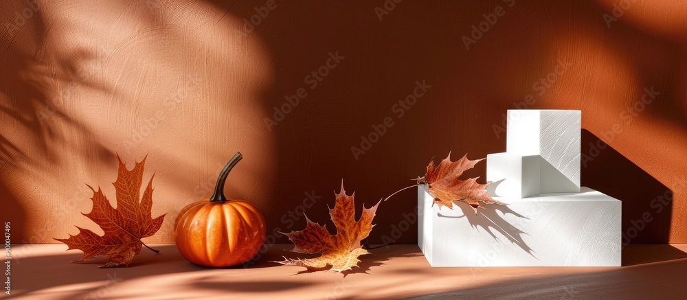 Poster product showcased in an autumn themed display featuring white geometric shapes alongside a pumpkin a