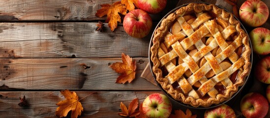 An image showing a classic autumn dessert of organic apple pie on a rustic wooden surface with space for text ideal for Thanksgiving. with copy space image. Place for adding text or design