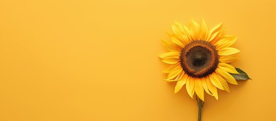 Sunflower head on a yellow background with copy space image a close minimal macro shot emphasizing the autumn or summer concept related to harvest time and agriculture