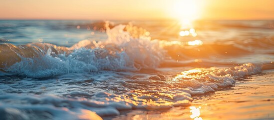 An idyllic seascape on the Baltic Sea shore during sunset with soft golden sunlight a glowing sky and gentle waves providing a picturesque panoramic scenery for travel eco tourism and environmental c