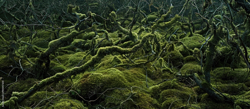 Poster European forest floor showing moss covered branches with an empty space for inserting an image. with copy space image. Place for adding text or design