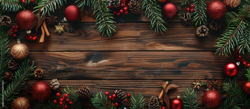 Poster Top down view of a festive Christmas setting with a wooden backdrop featuring a frame crafted from fir branches and ornaments creating a festive Xmas concept with room for text. with copy space image