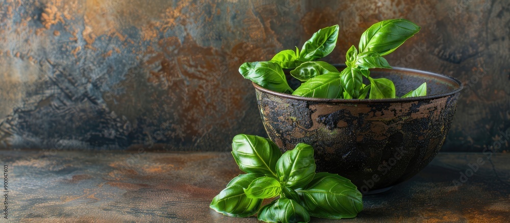 Aufkleber bowl with fresh basil on distressed background with copy space image