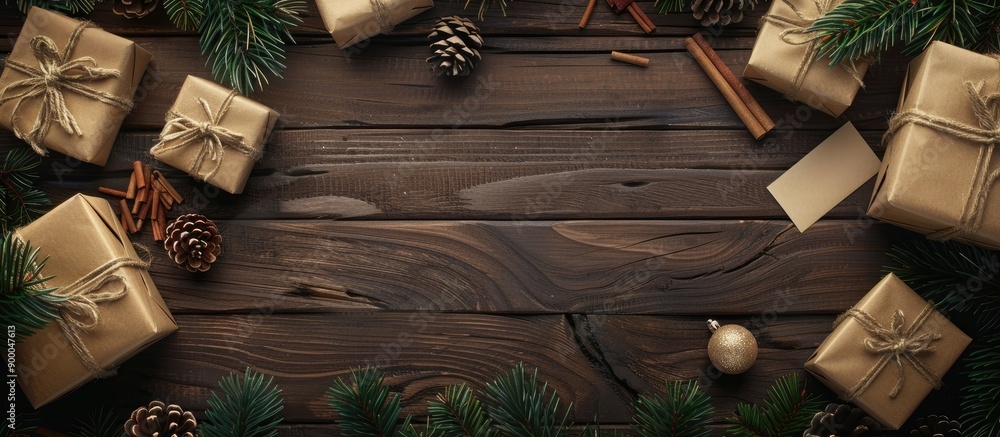 Poster wooden table set up with a christmas theme including a letter and gift boxes ideal for a festive cop