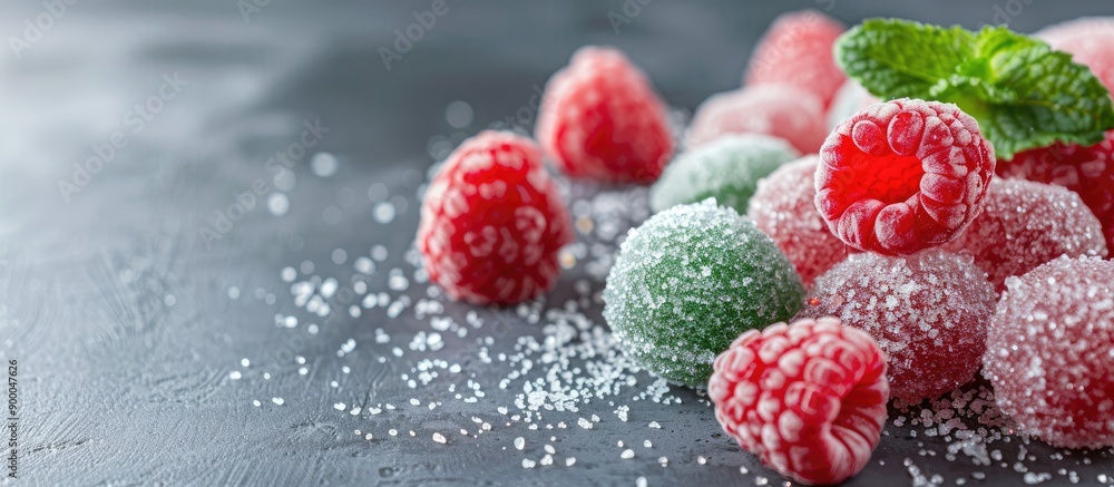 Poster gray concrete background with mint and raspberry green jelly captured from a side view showcasing co