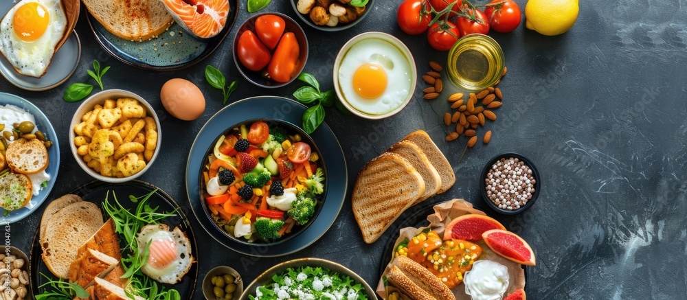 Leinwandbilder view from above of nutritious meals for breakfast lunch and dinner with dietary value showcased in a