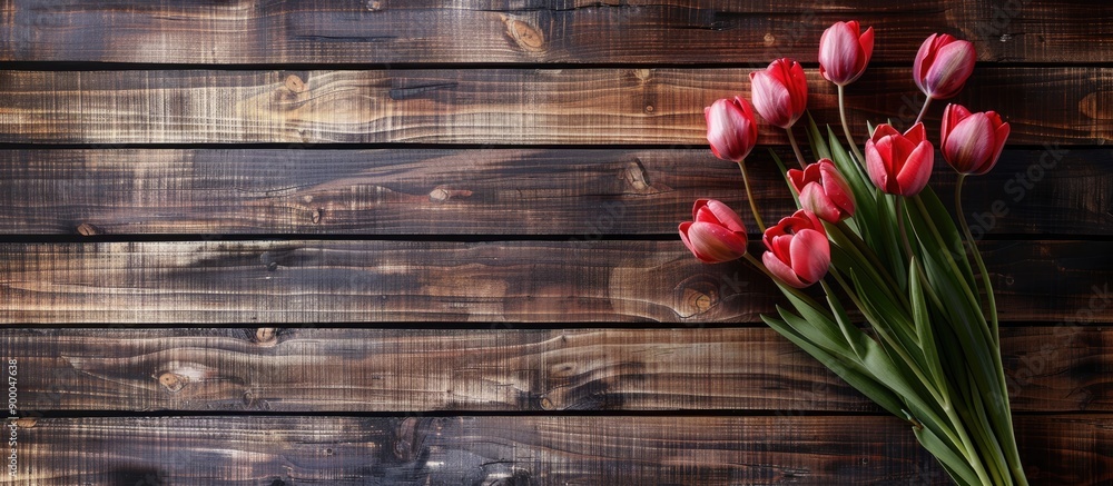 Poster tulip bouquet displayed on a wooden backdrop with a copy space image