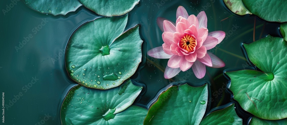 Poster pink water lily flower bud in a pond with vibrant green leaves around symbolic in spa and asian cult