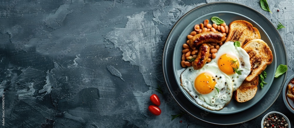 Poster a classic english breakfast with eggs sausages toast beans herbs and spices on a grey ceramic plate 