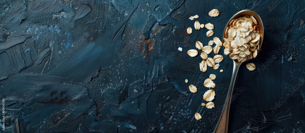 Poster top down view of oats flakes on a spoon on a table with copy space image