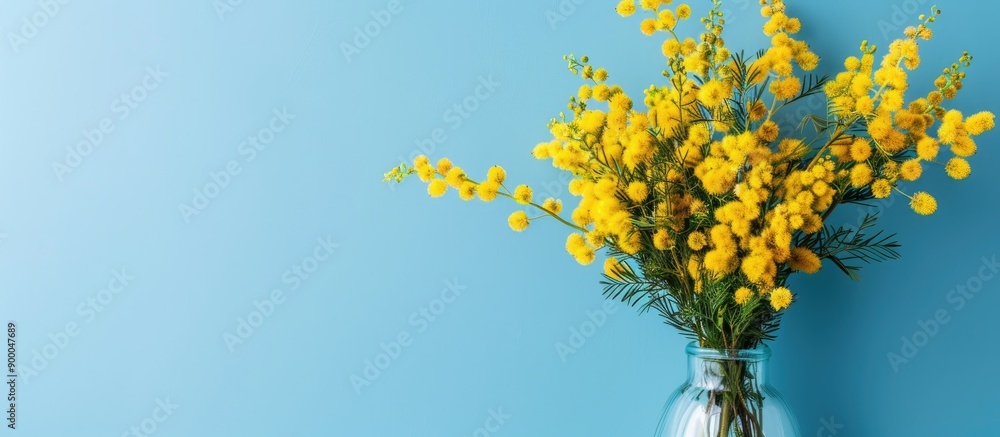 Poster a vase with mimosa flowers against a blue backdrop featuring bright yellow spring blooms with ample 