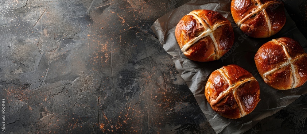 Aufkleber gray textured table showcasing delicious hot cross buns offering a copy space image for text