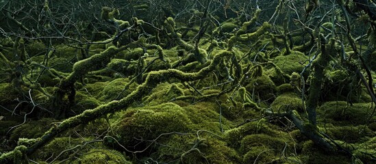 European forest floor showing moss covered branches with an empty space for inserting an image. with copy space image. Place for adding text or design