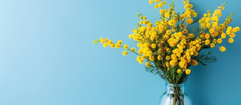 A vase with mimosa flowers against a blue backdrop featuring bright yellow spring blooms with ample copy space image