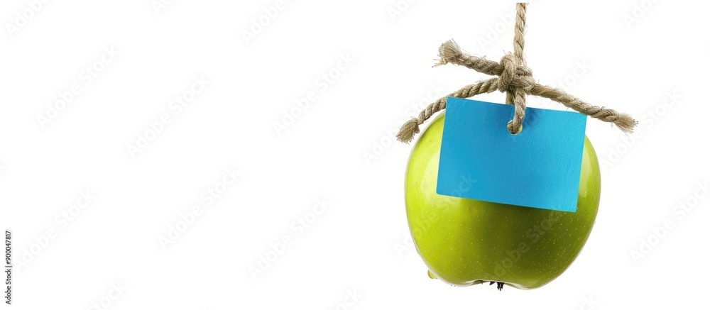 Aufkleber green apple with a blue tag hanging on rope isolated on white backdrop with copy space image