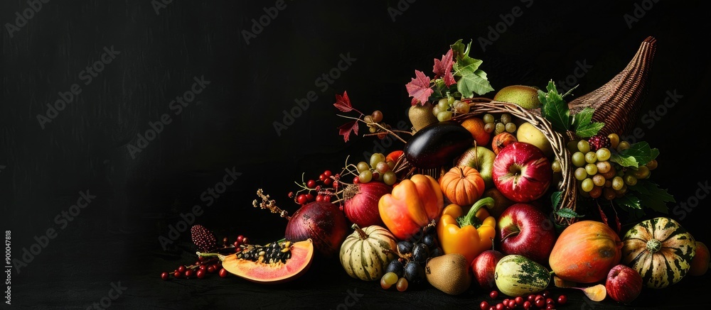 Leinwandbilder a cornucopia overflowing with autumn fruits and veggies beautifully displayed on a black background 