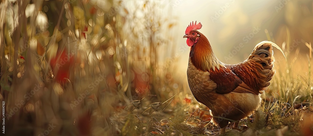 Poster a chicken roams freely in an outdoor setting with copy space image