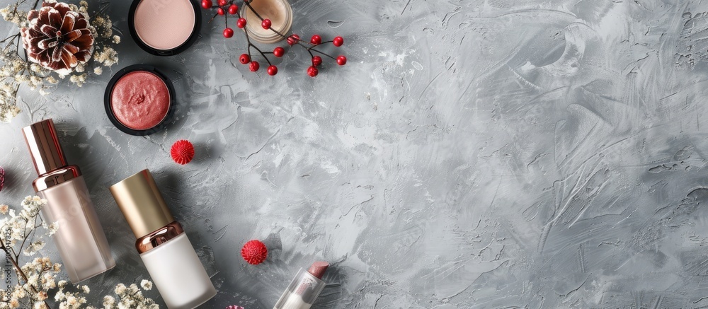 Poster Luxurious makeup products displayed elegantly on a grey background with ample copy space image in a flat lay style