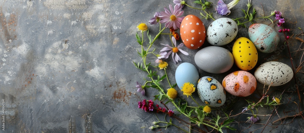 Poster Happy Easter A charming composition of naturally dyed colorful eggs and spring flowers on a rustic table displayed in a flat lay with copy space image
