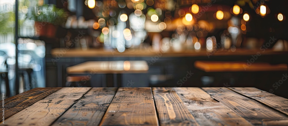 Aufkleber blurry coffee shop background with bokeh focusing on an empty wooden table ideal for product display