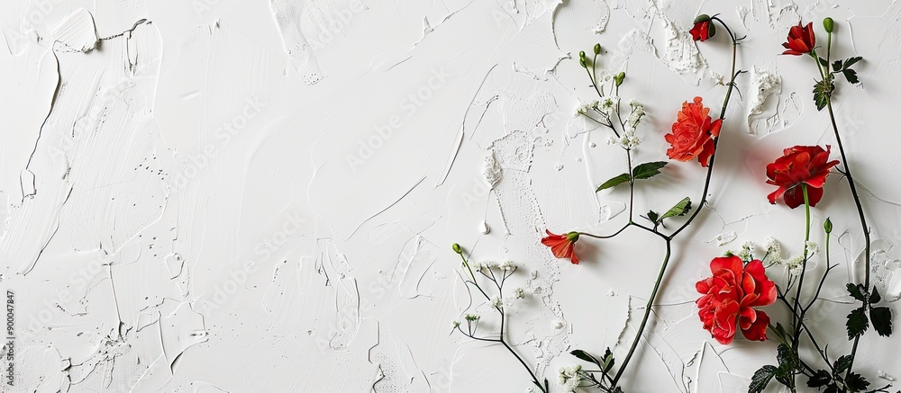 Poster Sleek mockup for showcasing art with a white rustic backdrop featuring flowers and space for advertising or publicity text in the image. with copy space image. Place for adding text or design