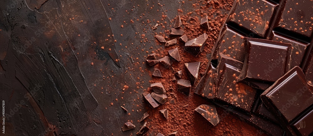 Poster dark background with broken chocolate pieces and cocoa powder creating a visually appealing copy spa
