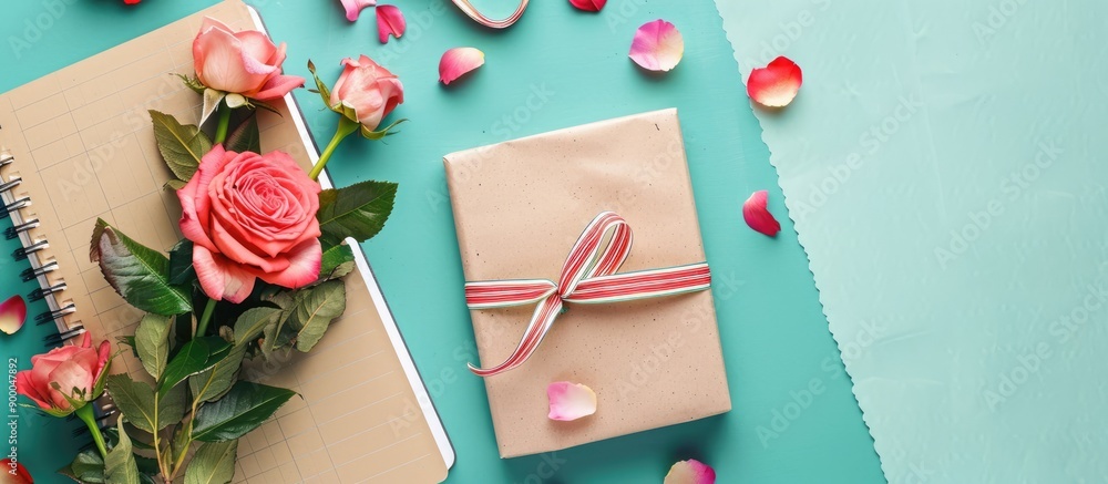 Poster colorful background with rose flowers and a present on an empty notebook providing copy space image
