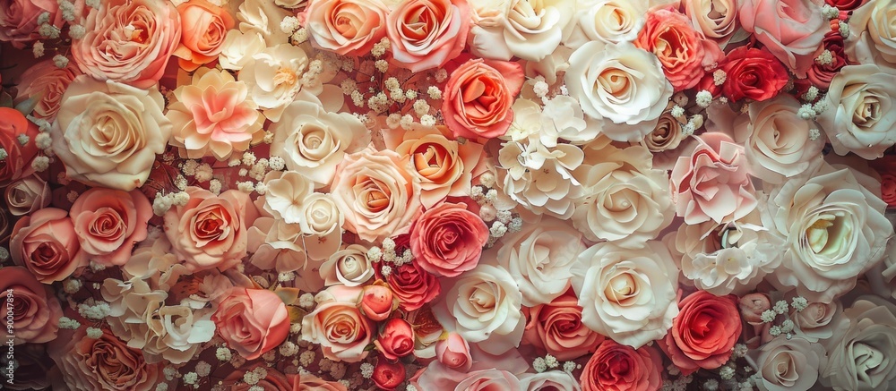 Poster Floral pattern with multiple blossoms arranged as a background for copy space image suitable for decorative purposes like wallpaper wedding decor or a romantic vintage theme