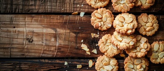 Copy space image featuring Florentines or Bee sting delicate almond topped shortbread cookies on a rustic wooden backdrop