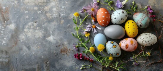 Happy Easter A charming composition of naturally dyed colorful eggs and spring flowers on a rustic table displayed in a flat lay with copy space image