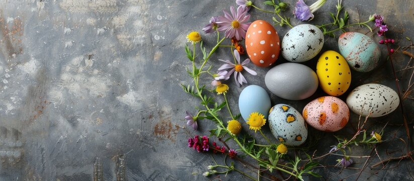 Happy Easter A charming composition of naturally dyed colorful eggs and spring flowers on a rustic table displayed in a flat lay with copy space image