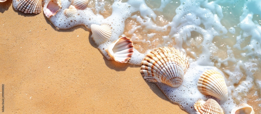 Poster Sandy beach adorned with seashells creating a picturesque summer scene with a copy space image