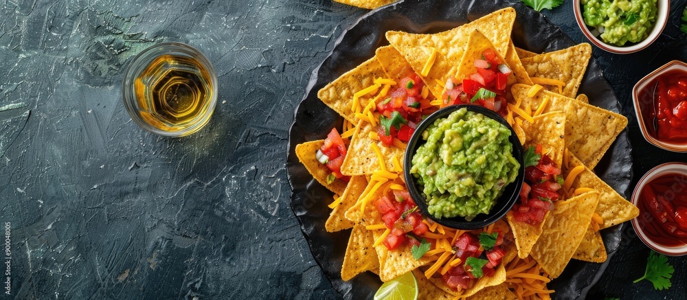 Poster top view shot of mexican nachos chips with guacamole salsa cheese and sour cream accompanied by tequ