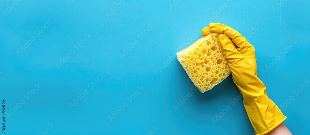 Poster a gloved hand holding a sponge for wet cleaning on a blue background with a banner featuring copy sp