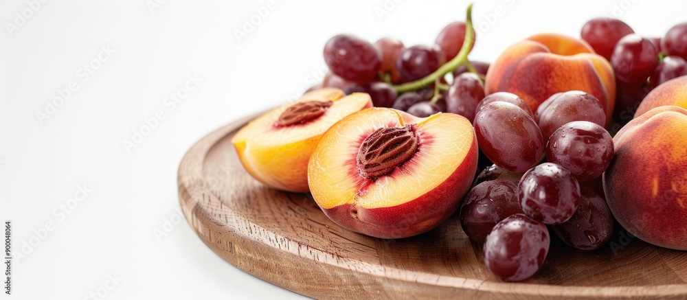 Poster peaches and grapes sliced on a round wooden board on a white background with copy space image