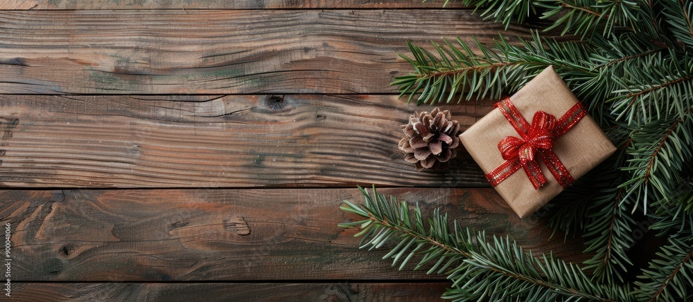 Poster Wooden table holds a Christmas gift box and fir tree branch creating a festive setting with a copy space image
