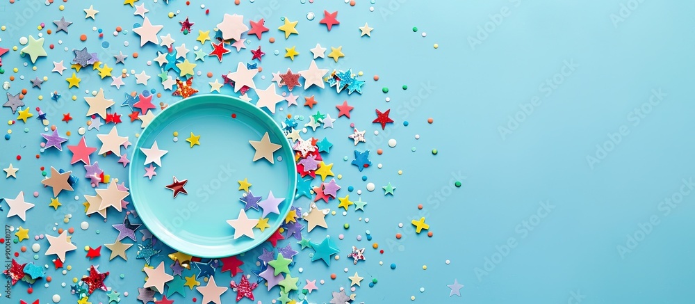 Poster top view flat lay of a circle with colorful stars on a pastel blue background ideal for promotion or