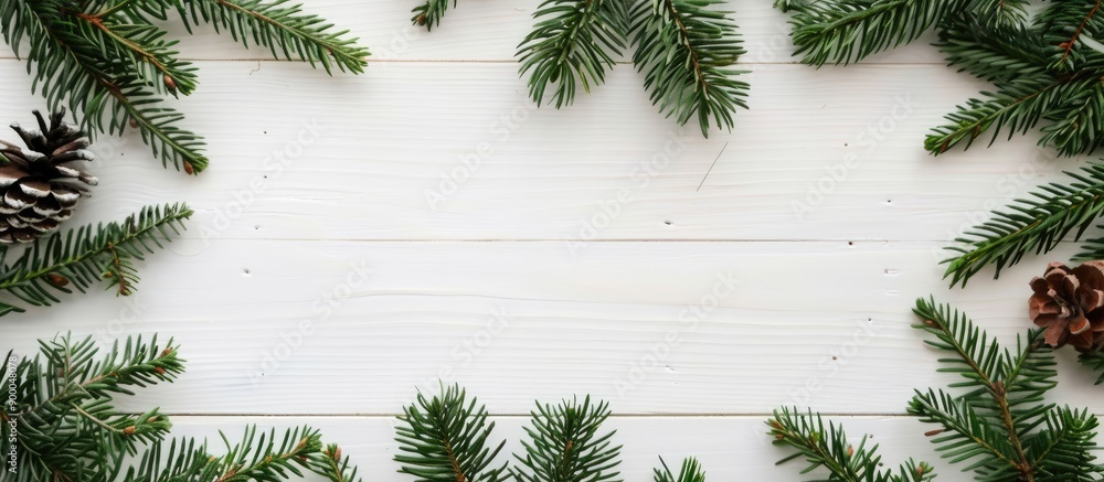 Poster Minimal Christmas composition featuring a frame constructed from fir tree branches arranged on a white wooden surface This image embodies the essence of Christmas winter and the new year with a flat