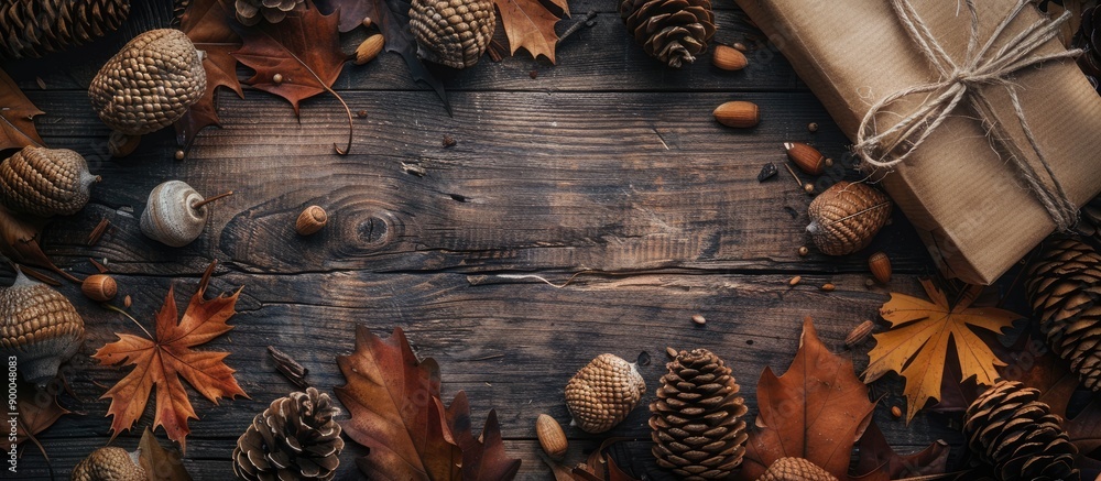 Poster a top down view of a autumn themed scene on a wooden backdrop featuring cones acorns wood pieces and