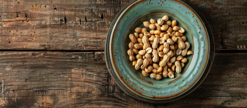 Poster top down view of a ceramic plate with a pile of unpeeled peanuts on a wooden surface with a large co