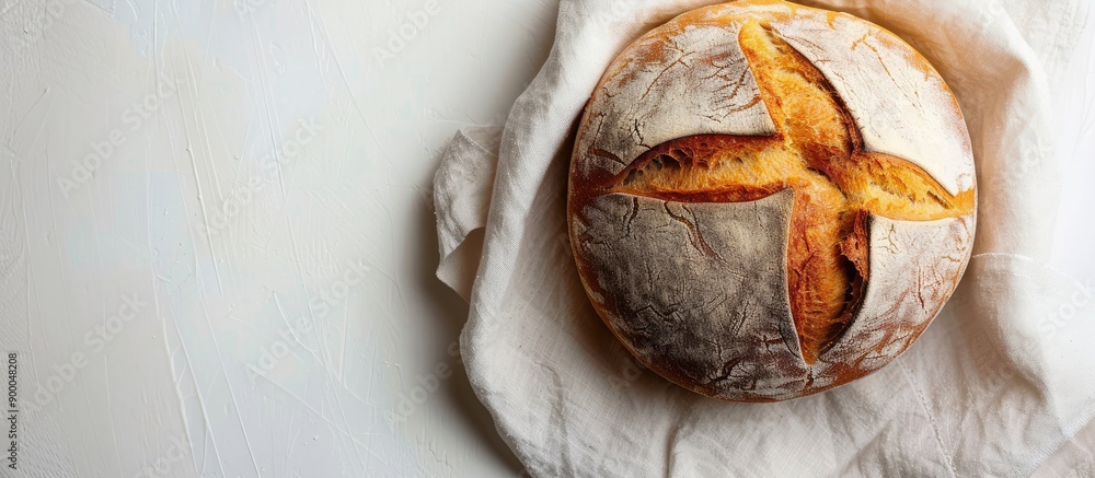 Leinwandbilder top view of a healthy white bread loaf with a napkin on a white background creating a visually appea