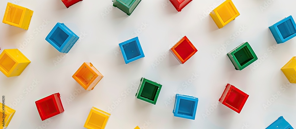 Poster Colorful plastic blocks placed on a white surface seen from above with room for text or graphics in the image. with copy space image. Place for adding text or design