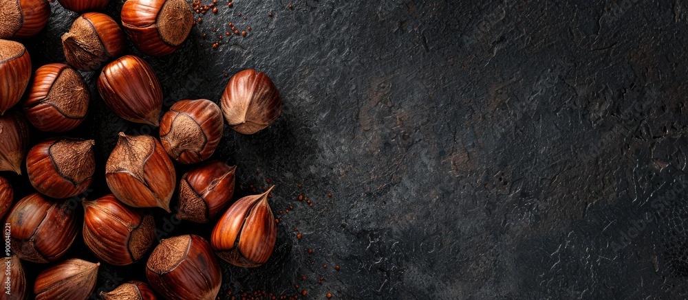 Poster Close up of roasted chestnuts as a background with copy space image