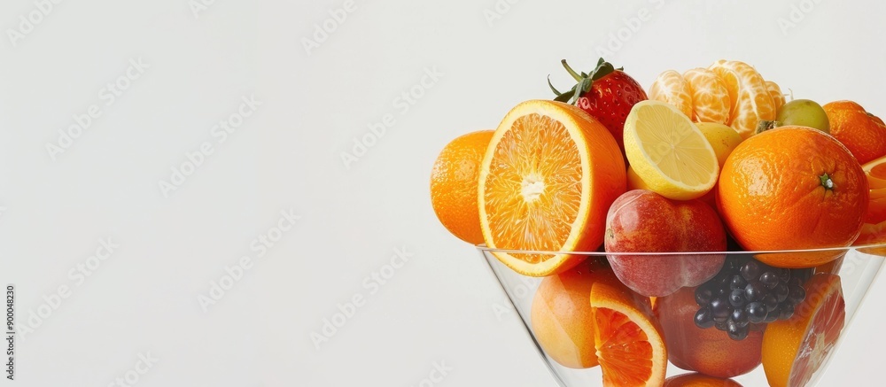 Poster a glass filled with fresh oranges and assorted fruits set against a white backdrop perfect for a cop