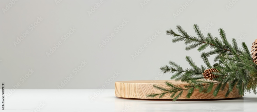 Poster mock up a wooden podium next to a spruce branch on a white backdrop ideal for eco friendly face and 