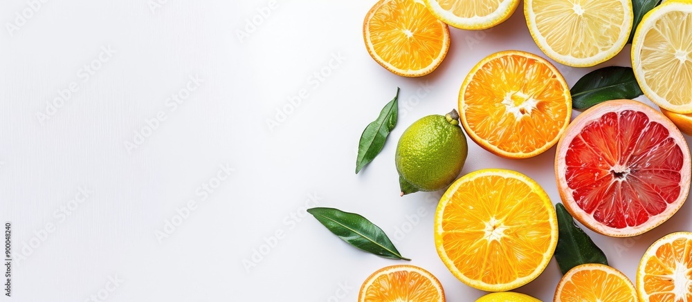 Poster a flat layout on a white background featuring a variety of fresh cut citrus fruits on the left side 