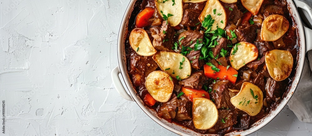 Aufkleber lamb lancashire hotpot casserole with a bowl of chips set against a light gray backdrop perfect for 