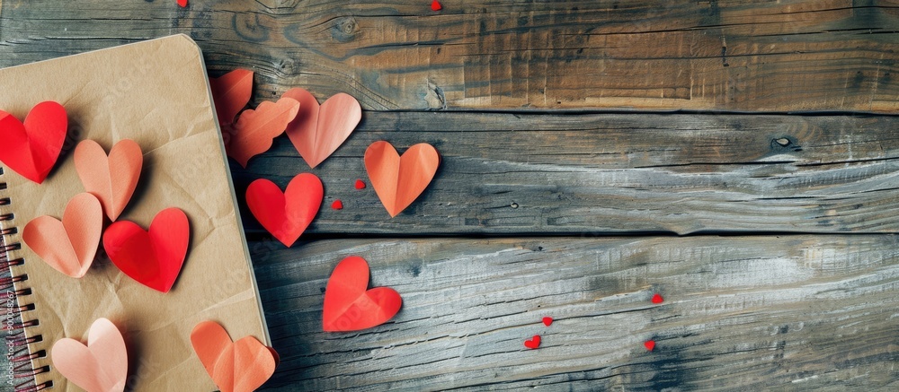 Poster Valentine s Day card displayed with paper hearts and a notebook against an aged wooden backdrop featuring available copy space image